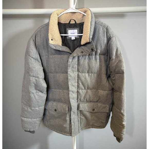 Old Navy Mens Gray Puffer Jacket With Sherpa Collar Size L Polyester Shell & Lin - Picture 1 of 6